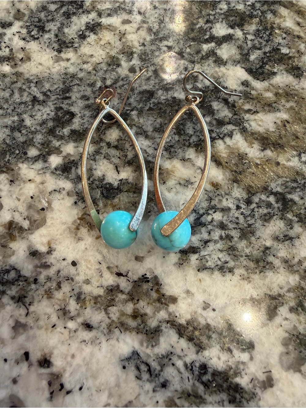 Turquoise Bead Drop Earrings - Silver Tone